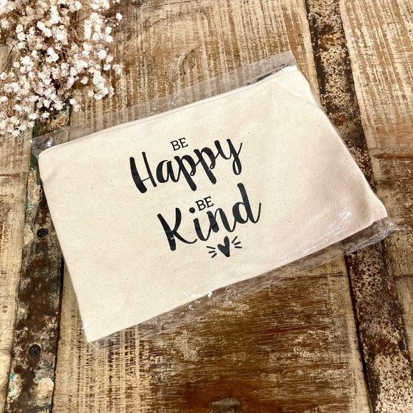 Be Happy Be Kind Canvas Makeup Pouch Zippered 9” x 6” - Picture 4 of 9